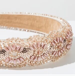 Beaded Headband Hand-stitched Rice Beads and Sequins Pink Beige NEW